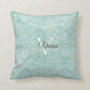 Sea Foam Green Watercolor Monogram Name Cushion