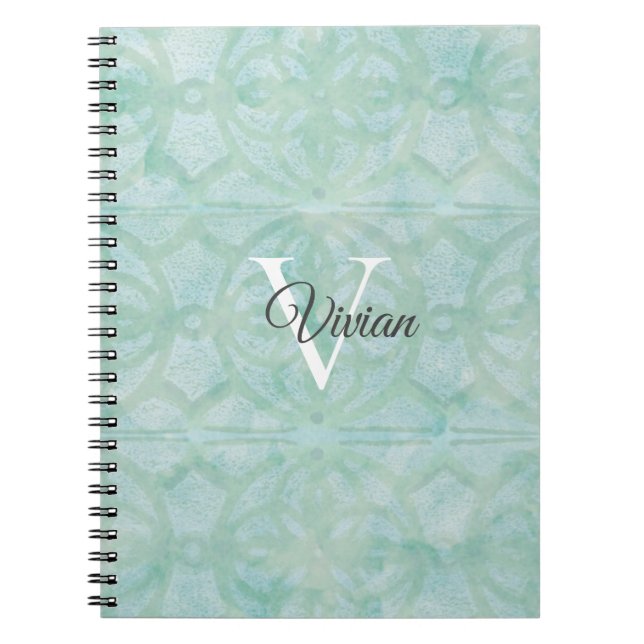 Sea Foam Green Watercolor Monogram Name Notebook (Front)