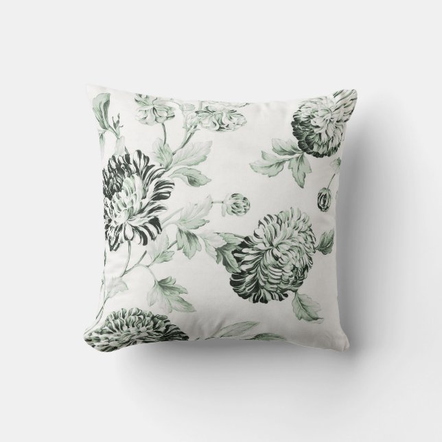Sea Foam Green & White Botanical Floral Toile No.2 Cushion (Front)