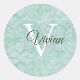 Sea Foam Green With White Monogram Name Classic Round Sticker