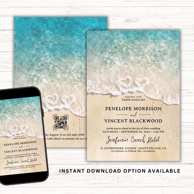 Sea Foam Hearts Beach Wedding Invitation (Creator Uploaded)