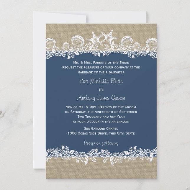 Sea Garland Navy Blue Wedding Invitation (Front)