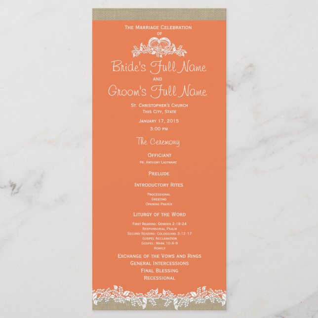 Sea Garland Tangerine and Burlap Wedding Program Programme (Front)