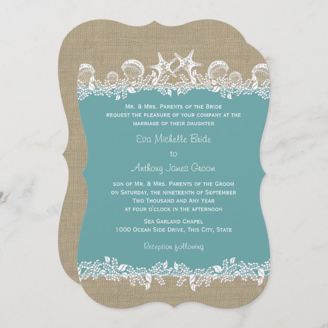 Sea Garland Teal Beach Wedding Invitation (Front/Back)