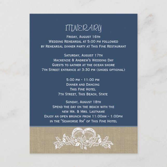 Sea Garland Tropical Beach Wedding Itinerary Blue Enclosure Card (Front)