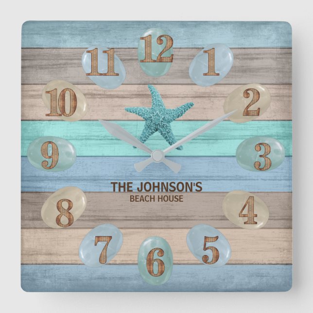 Sea Glass and Beach Wood Nautical Square Wall Clock (Front)