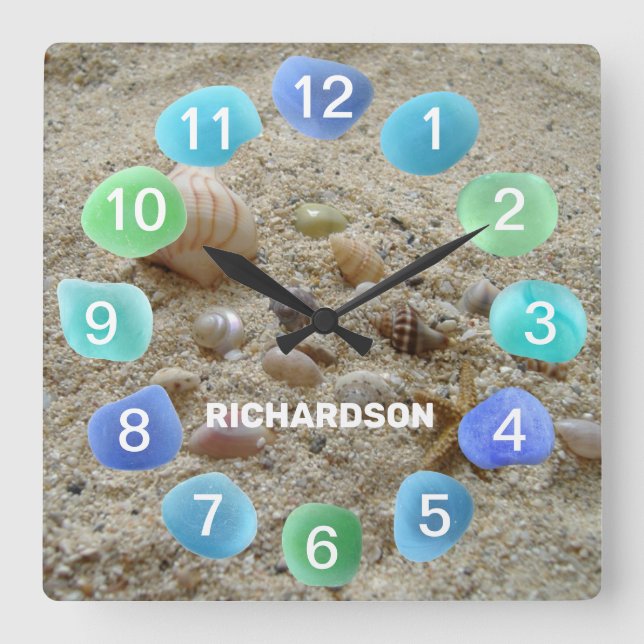 Sea Glass and Seashells on Beach Sand Personalised Square Wall Clock (Front)