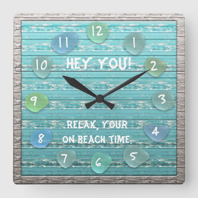 Sea Glass Beach Driftwood Look Ocean Beach Time Square Wall Clock (Front)
