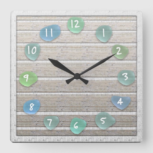 Sea Glass Beach Driftwood Look Square Wall Clock (Front)