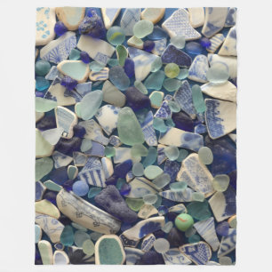 Sea glass, beach glass pottery blue aqua green fleece blanket