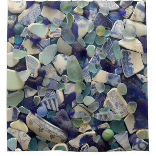 Sea glass, beach pottery, cobalt blue, aqua, green shower curtain
