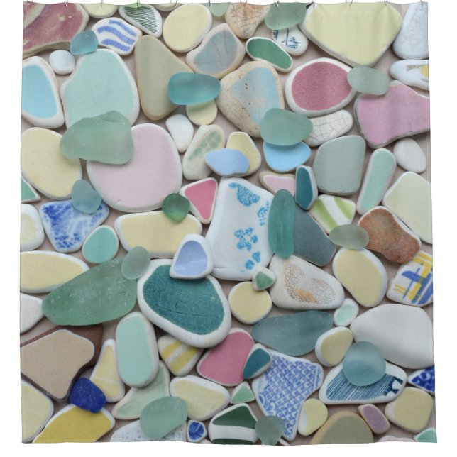Sea glass, beach pottery, pastel blue green shower curtain (Front)