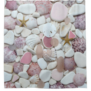 Sea glass, beach pottery, pastel pink beige shells shower curtain