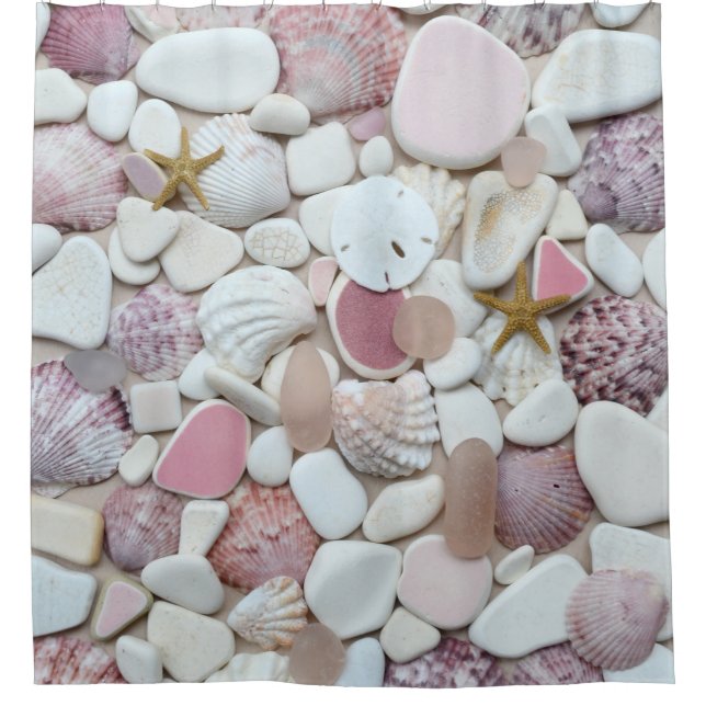 Sea glass, beach pottery, pastel pink beige shells shower curtain (Front)