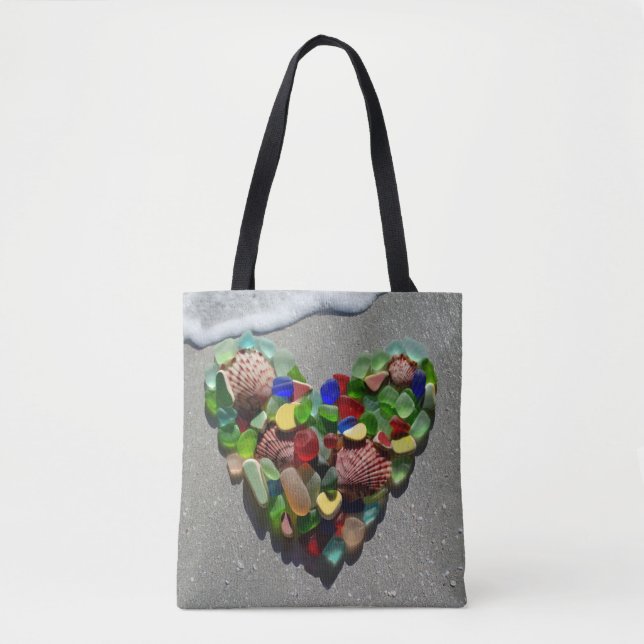 Sea glass, beach pottery, sand, wave, shells tote bag (Front)