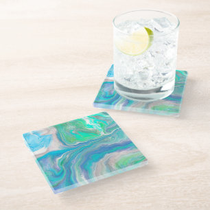 Sea Glass Blue and Green Marble Fluid Art    Coaster