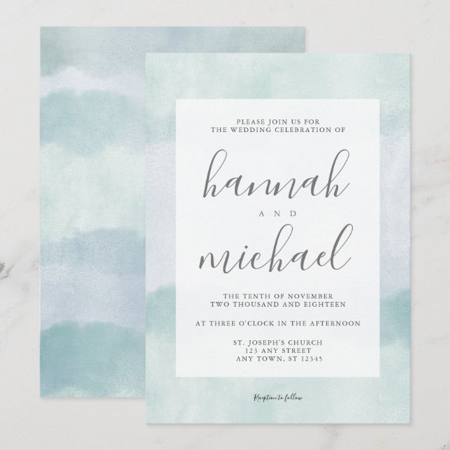 Sea Glass Blue Green Watercolor Modern Wedding Invitation (Front/Back)
