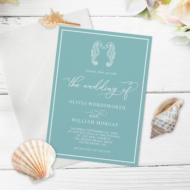 Sea Glass Blue Seahorse Coastal Beach Wedding Invitation (Creator Uploaded)