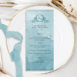 Sea Glass Blue Watercolor Monogrammed Wedding Menu<br><div class="desc">Delight your guests with this beautiful sea glass blue watercolor monogram wedding menu, featuring an elegant hand-drawn botanical monogram with the couple's initials over an exquisite watercolor wash background in a beautiful blend of aqua blue and turquoise teal hues. Easy to fill in the template with your details and menu,...</div>