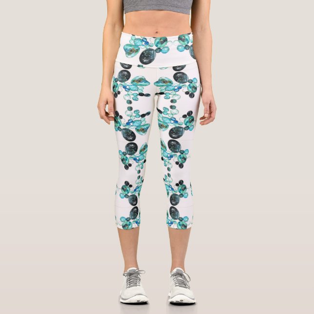 Sea glass colours flowers and bling  capri leggings (Front)