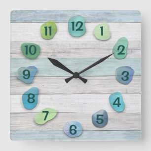Sea Glass Driftwood Square Wall Clock