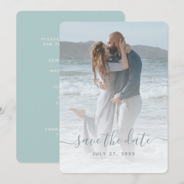 Sea Glass Dusty Blue Photo Save The Date Wedding Invitation (Front/Back)