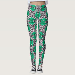 Sea Glass Green and White Repeat Tile Pattern Leggings