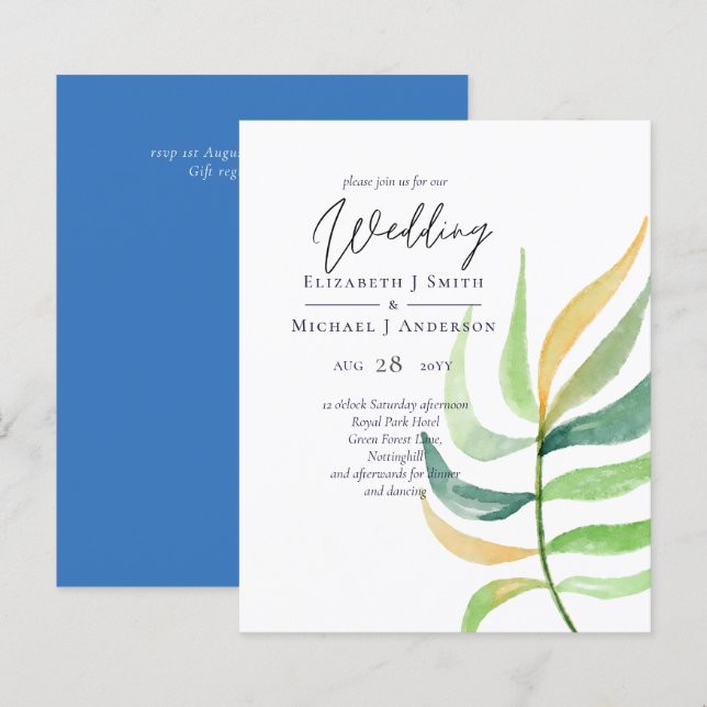 Sea Glass Green Blue Tropical Leaf Wedding (Front/Back)