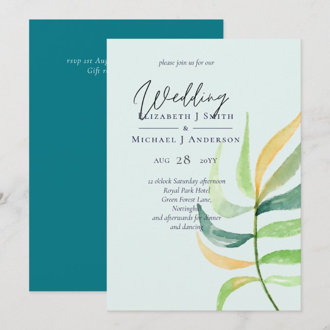 Sea Glass Green Blue Tropical Leaf Wedding (Front/Back)
