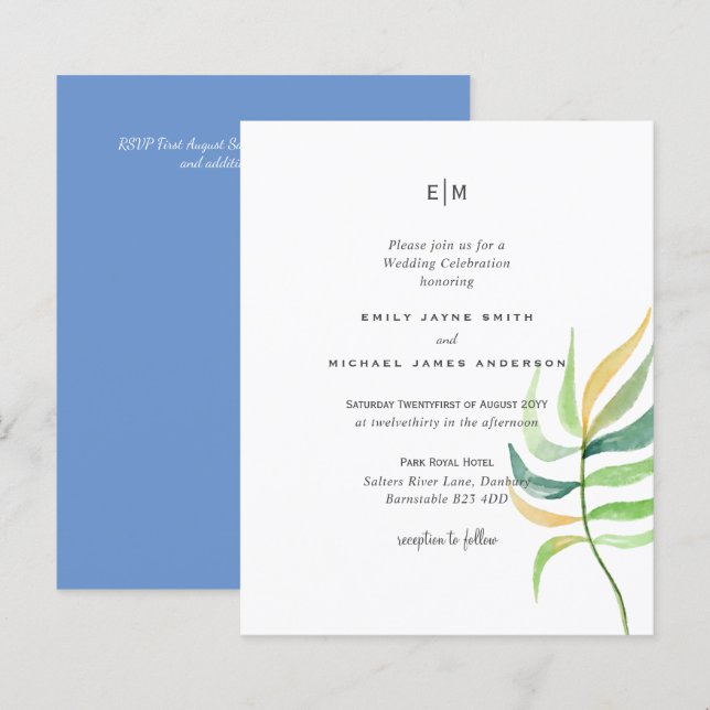 Sea Glass Green Blue Tropical Leaf Wedding (Front/Back)