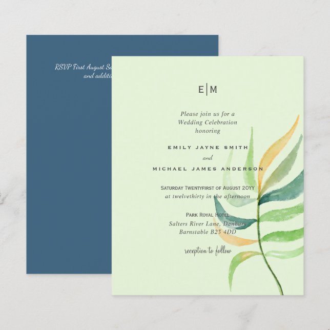 Sea Glass Green Blue Tropical Leaf Wedding (Front/Back)