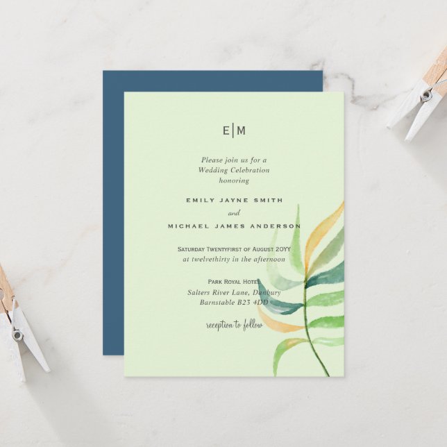 Sea Glass Green Blue Tropical Leaf Wedding (Front/Back In Situ)