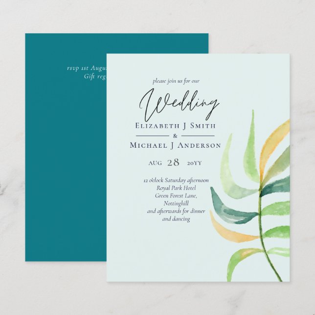 Sea Glass Green Blue Tropical Leaf Wedding (Front/Back)