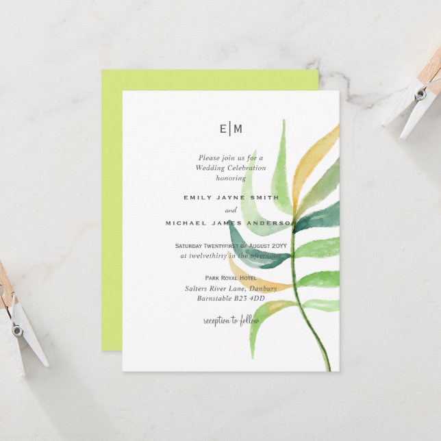 Sea Glass Green Blue Tropical Leaf Wedding (Front/Back In Situ)