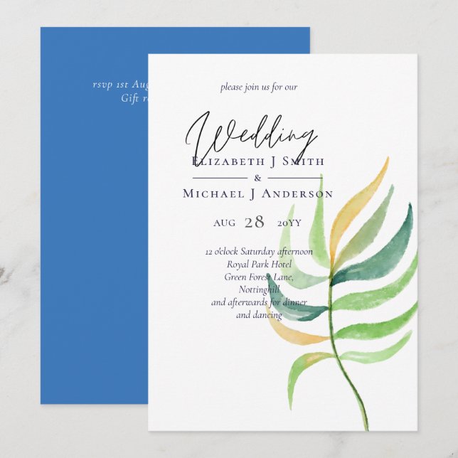 Sea Glass Green Blue Tropical Leaf Wedding (Front/Back)