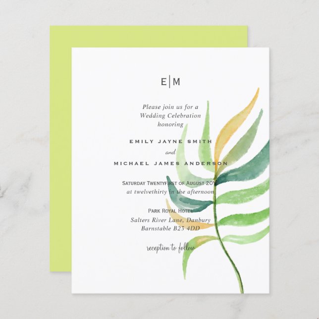 Sea Glass Green Blue Tropical Leaf Wedding (Front/Back)