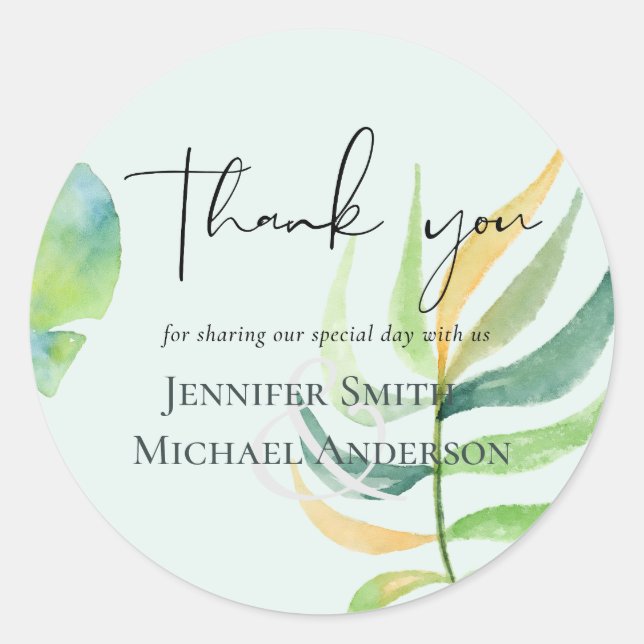 Sea Glass Green Blue Tropical Leaf Wedding Classic Round Sticker (Front)