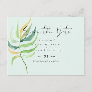 Sea Glass Green Blue Tropical Leaf Wedding Postcard