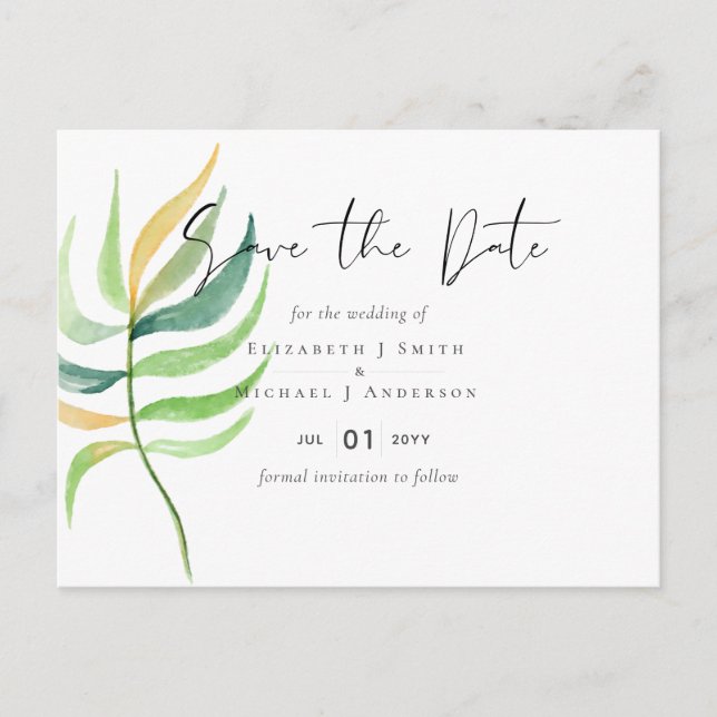 Sea Glass Green Blue Tropical Leaf Wedding Postcard (Front)