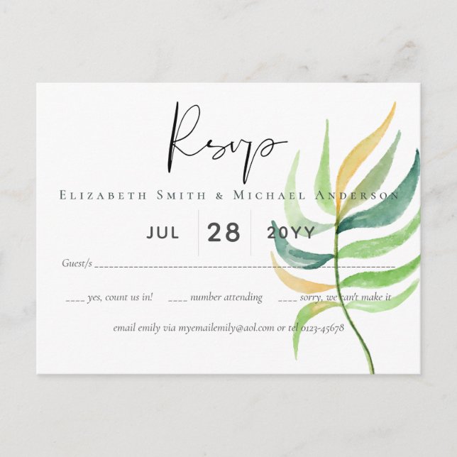 Sea Glass Green Blue Tropical Leaf Wedding Postcard (Front)