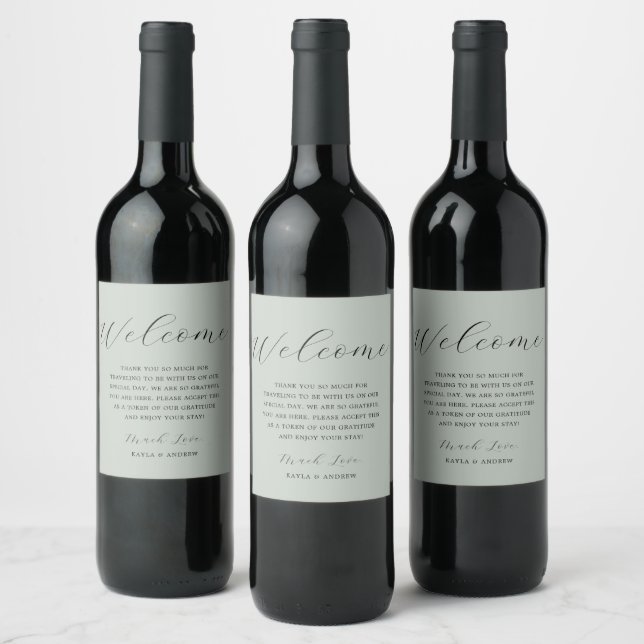 Sea Glass Green Script Elegant Modern Wedding Wine Label (Bottles)