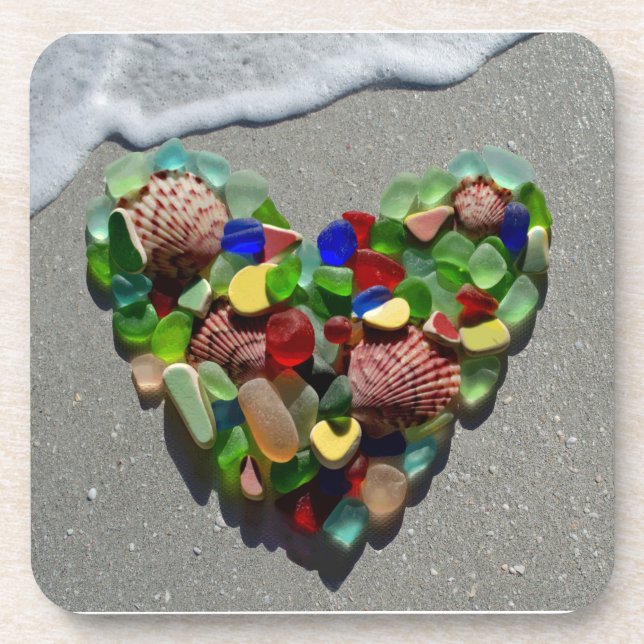 Sea glass heart, beach glass photo coasters (Front)