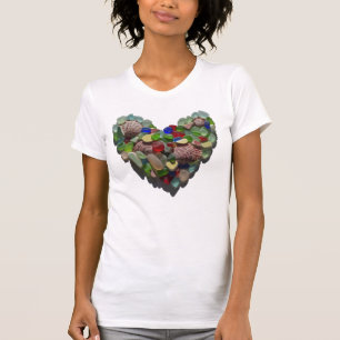 Sea glass heart, beach shells women's tee shirt