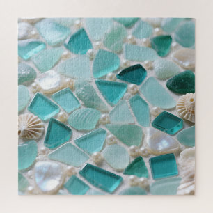 Sea Glass Mosaic Turquoise Coastal Charm Jigsaw Puzzle
