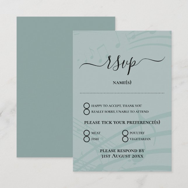 Sea Glass Music Notes Wedding RSVP Card (Front/Back)