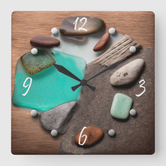 Sea Glass Ocean Stones Driftwood Square Wall Cloc Square Wall Clock