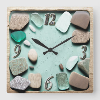 Sea Glass Ocean Stones Driftwood Square Wall Clock
