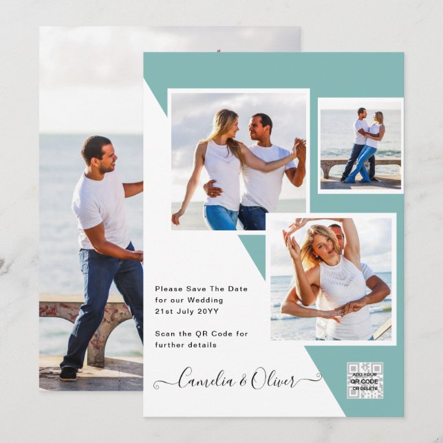 Sea Glass Photo Wedding Invite QR Code Save Date (Front/Back)