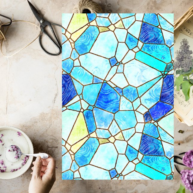 Sea Glass Stained Glass Decoupage Tissue Paper (stained blue glass decoupage paper)