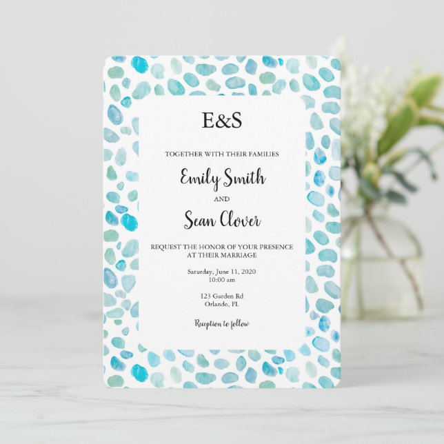 Sea Glass Wedding Monogram Blue Stripe Invitation (Standing Front)
